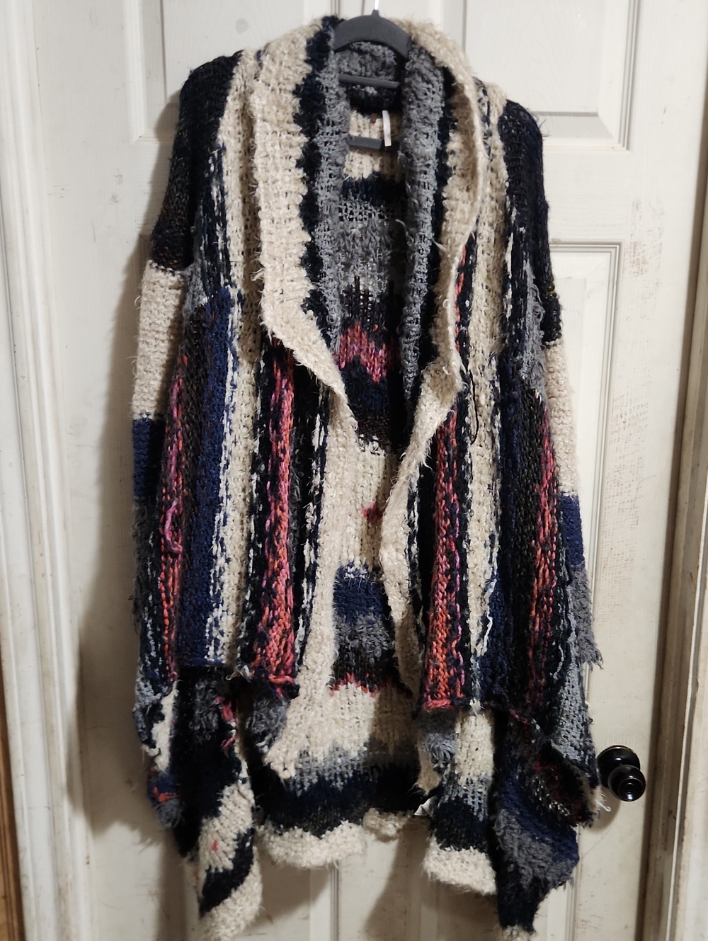 Free People Chunky Open-Front Cardigan in Cream, Navy & Pink
